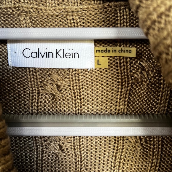 Calvin Klein Brown Cable Knit Shawl Collar Sleeveless Buckle Sweater Dress Sz L - Picture 7 of 8